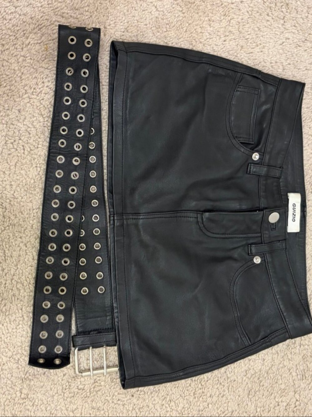Danielle Guizio Black Lamb Leather Mini Skirt Grommet Belt XS